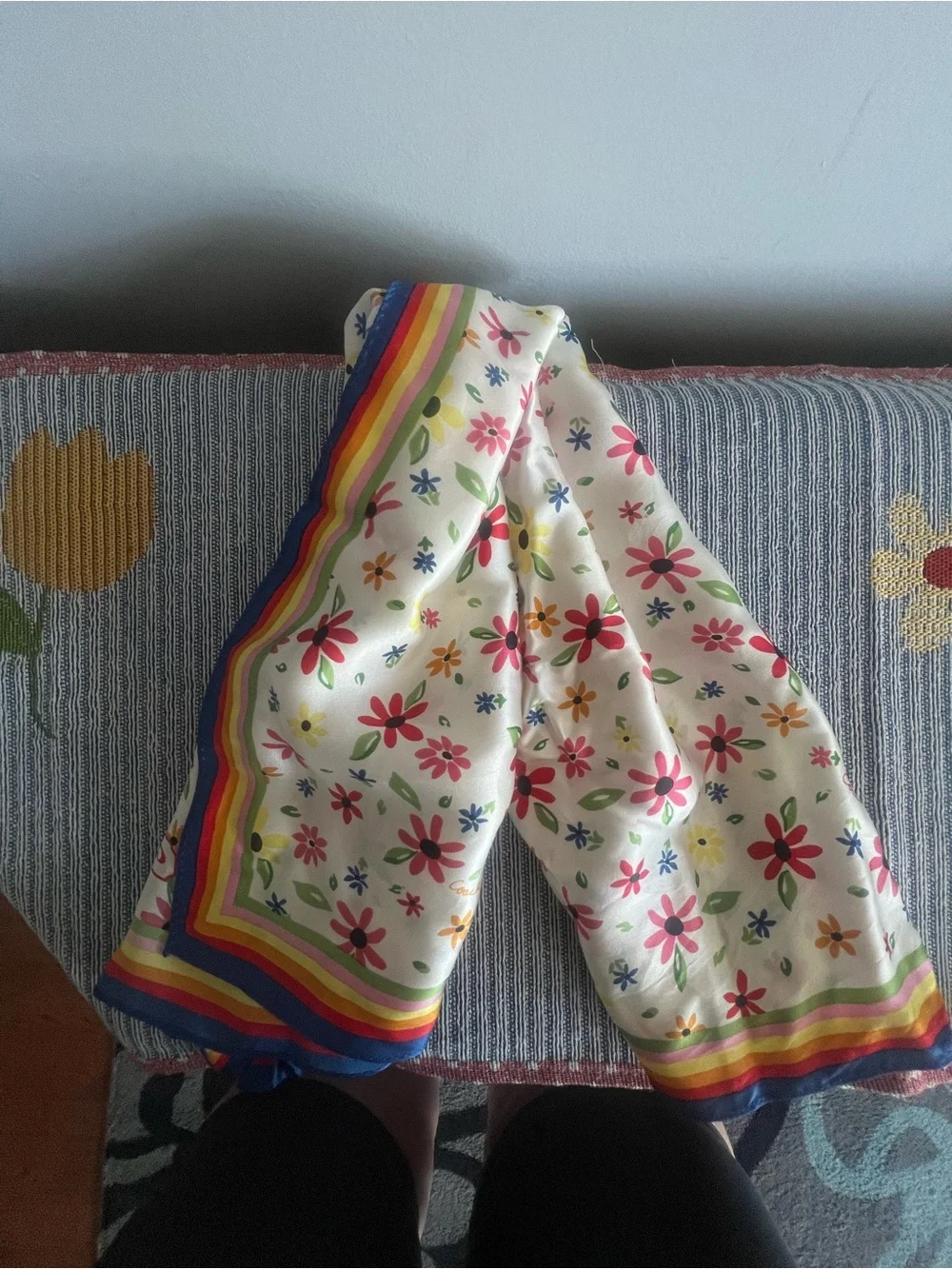 Coach Floral Rainbow Border Silk Scarf - White, Red, Blue, Yellow, Pink, Green